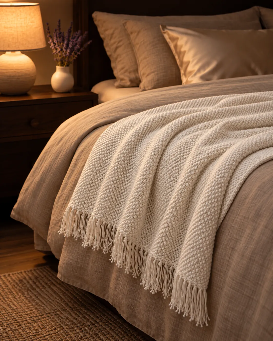 Knit throw draped across the foot of a bed