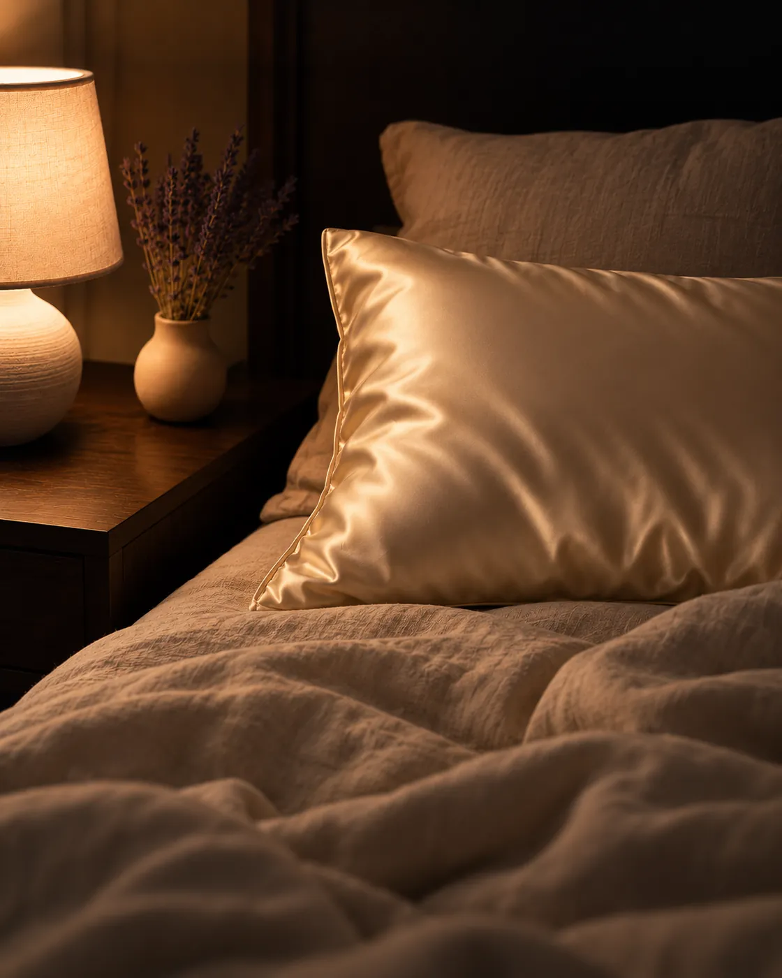 Champagne silk pillowcase by a warm bedside lamp